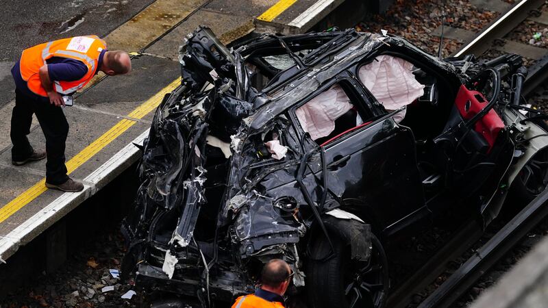 The car ended up on the tracks at Park Royal Tube station, in west London (Victoria Jones/PA)