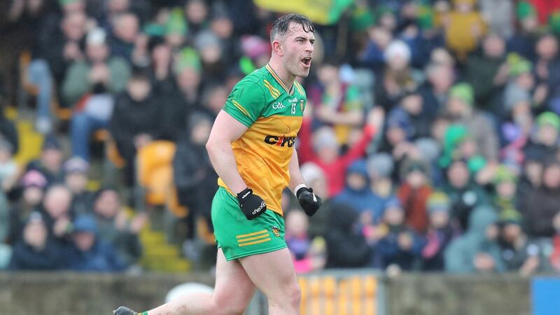 Donegal captain Patrick McBrearty roars away from the net to celebrate a goal against of Cork during the National Football League Div 2 match played at Ballybofey on Sunday 28th January 2024. Picture Margaret McLaughlin