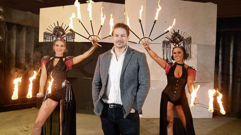 Best Parties Ever, the UK&rsquo;s largest Christmas party provider, has announced that it is expanding its portfolio by launching in Belfast this Christmas, Jon Noonan, group sales director of Eventist Group is pictured with fire angels Sarah McIlmoyle and Emma Ruth Aiken. 