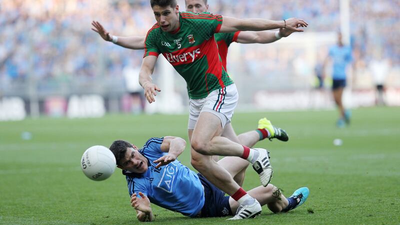 Mayo's Lee Keegan leaves Dublin's Diarmuid Connolly flailing. Will we see similar scenes when the two sides met in Sunday's final?