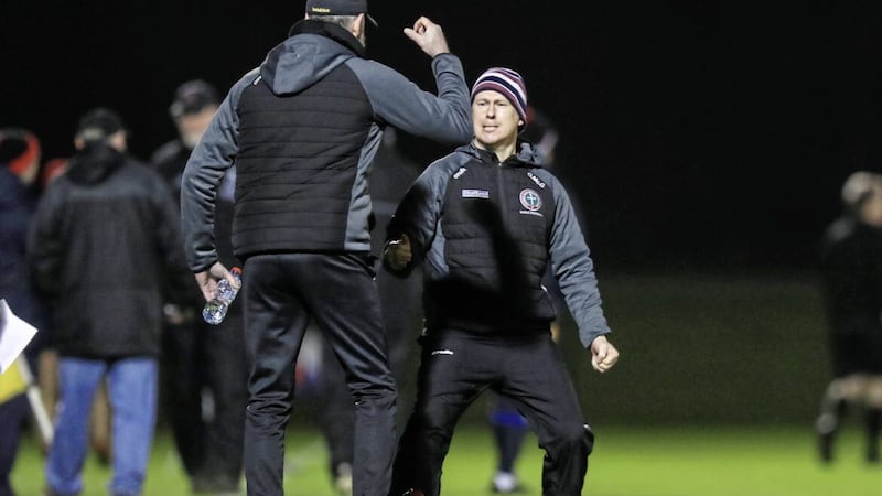 St Mary&#39;s manager Gavin McGilly celebrates Matthew McGleenan&#39;s last-minute goal which forced extra-time but the night ended in heartache for St Mary&#39;s Picture by &copy;INPHO/Evan Treacy 