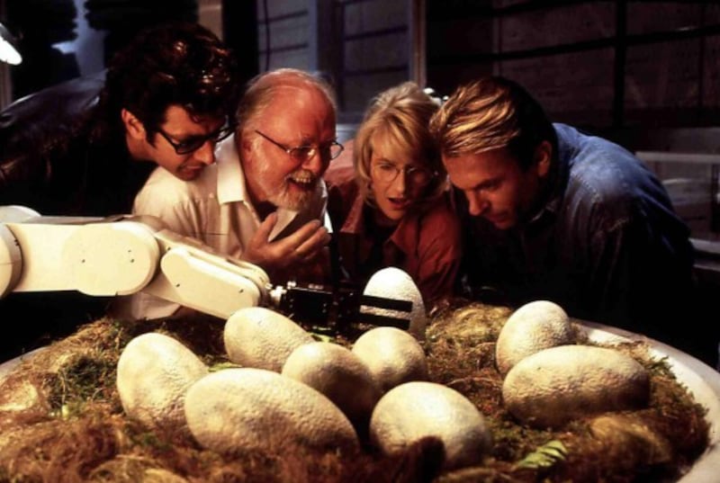 Jeff (left) as Dr Ian Malcolm with his Jurassic Park co-stars 