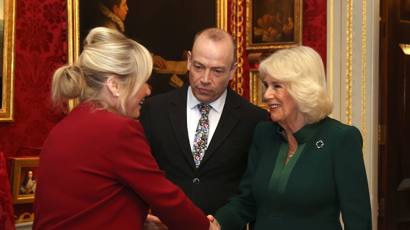 Queen Camilla (right) meets First Minister Michelle O’Neill (left) with Northern Ireland Secretary Chris Heaton-Harris (centre) as she attends an event hosted by the Queen’s Reading Room to mark World Poetry Day at Hillsborough Castle in Belfast, during her two-day official visit to Northern Ireland