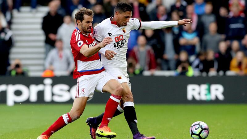Watford's Jose Holebas gets away from Middlesbrough's Christian Stuani battles during Sunday's Premier League match at the Riverside Stadium<br />Picture by PA