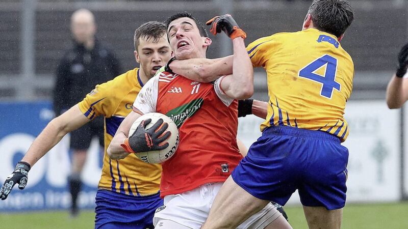 Armagh&#39;s Rory Grugan in action against Clare&#39;s Gordon Kelly in the Allianz Football League Division Two clash at Pairc Esler, Newry on Sunday February 3 2019. Picture by Bill Smyth. 