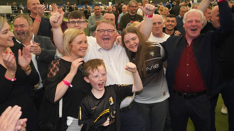 Sinn F&eacute;in's Declan McAleer (centre) celebrates his election in West Tyrone at the Stormont assembly election count centre at Meadowbank Sports arena in Magherafelt in Co Derry. Picture by Niall Carson/PA Wire&nbsp;