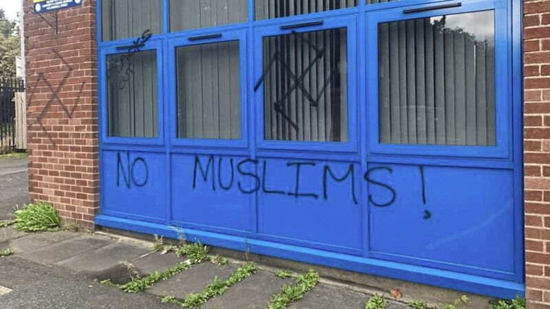 A pig&rsquo;s head was placed against the shutters of Inverary Community Centre and racist graffiti was sprayed on its walls. Picture by George Dorrian 