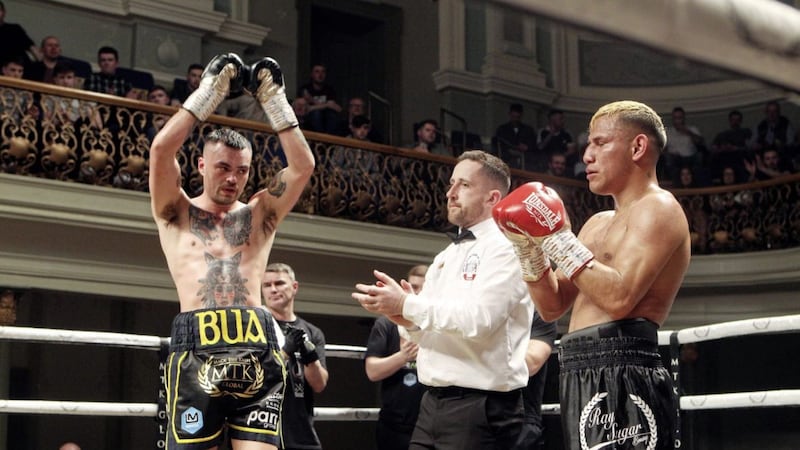 Tyrone McKenna wins his fight against Oscar Amador in the Ulster Hall.<br />Picture Matt Bohill.