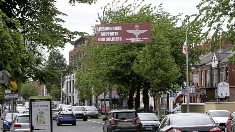 Banner on Lisburn Road, Belfast. Picture by Ann McManus 