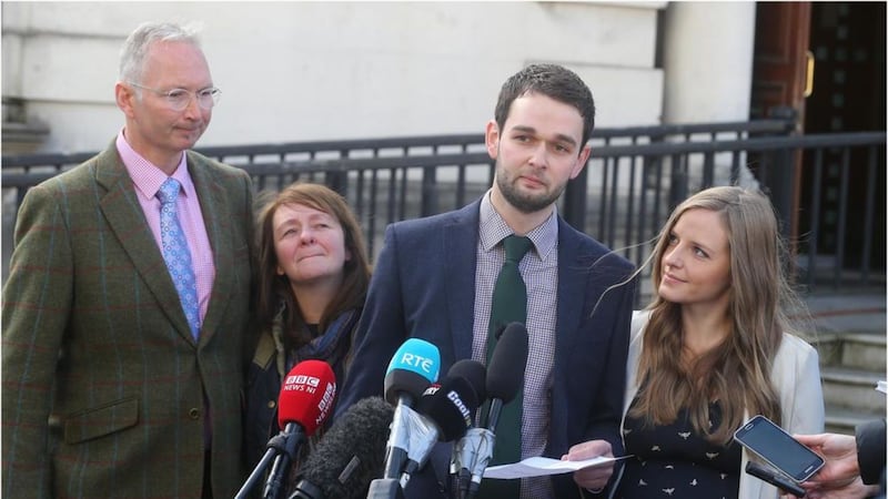 Daniel McArthur of Ashers and his wife Amy at the High Court in Belfast. Picture by Hugh Russell 