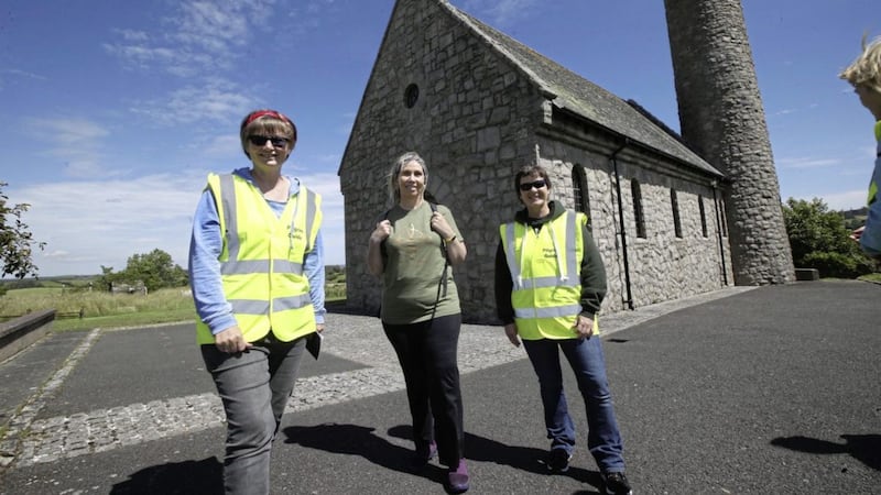 Irish language activist Linda Ervine yesterday launched a new St Patrick pilgrim walk in Downpatrick. She is pictured with pilgrim guides Martina Purdy left and Elaine Kelly. Picture: Hugh Russell 