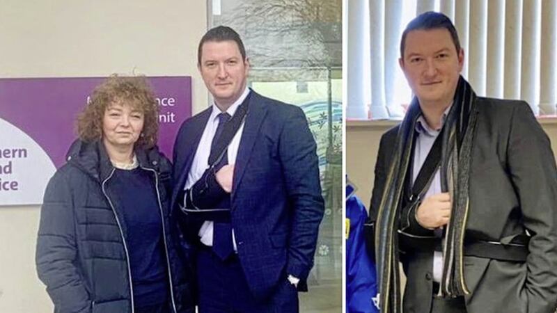 Sinn F&eacute;in MP John Finucane shared pictures online showing his arm in a sling 