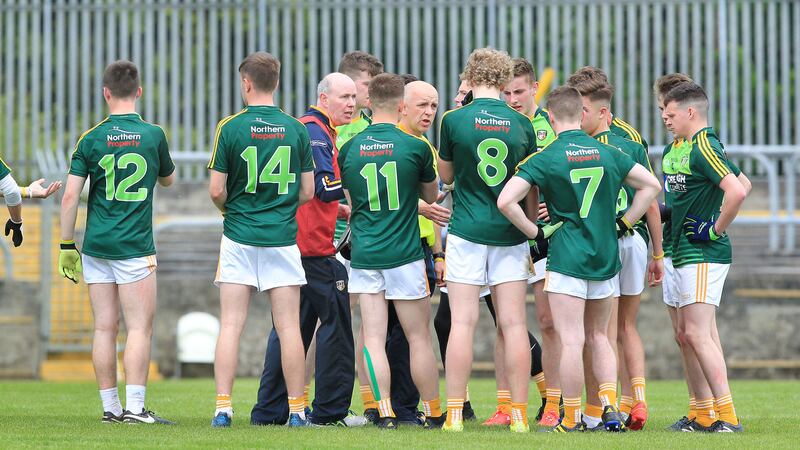 Antrim U20 boss Hugh McGettigan leads his players into this year's provincial U20 series against Down on Sunday Picture by Margaret McLaughlin&nbsp;