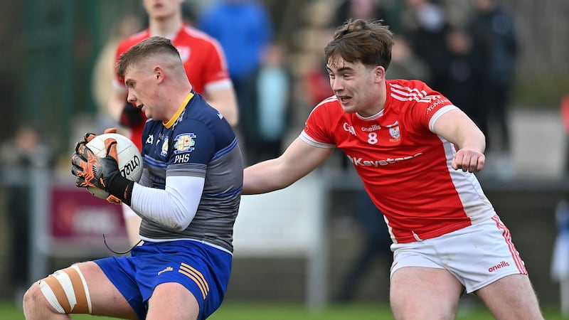 St Patrick’s, Dungannon midfielder Sean Hughes (right) puts the pressure on Patrician College, Carrickmacross’s Oran Finnegan during the MacRory Cup quarter-final clash at Galbally