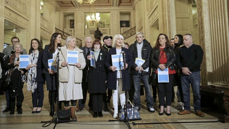 Institutional abuse campaigners in Stormont on Friday to hear an apology in the Northern Ireland Assembly for how they were treated. Picture: Hugh Russell. 