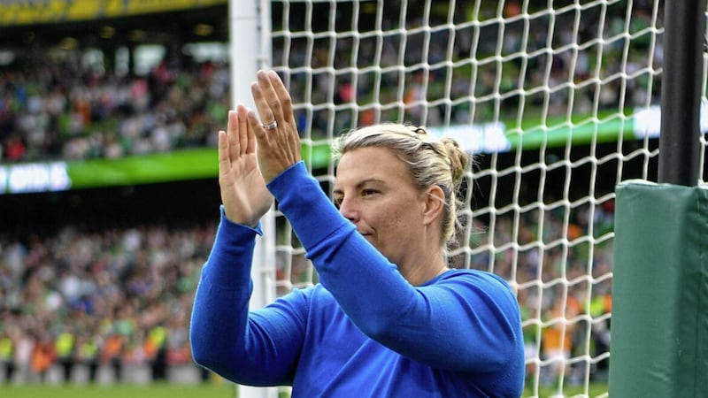 Northern Ireland boss Tanya Oxtoby applauds the away fans after their 3-0 defeat in Dublin.