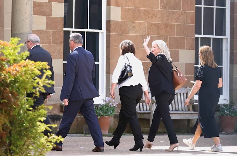&nbsp;Mark Larmour from the Northern Ireland Office (NIO), Conor Murphy, Mary Lou McDonald and Michelle O'Neill arrive at Hillsborough Castle during a visit by Prime Minister Boris Johnson to Northern Ireland