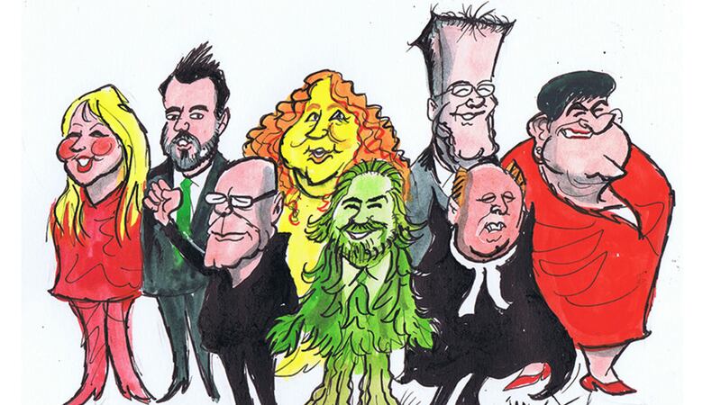 The party leaders by Irish News cartoonist Ian Knox. From left to right:  Sinn F&eacute;in's Michelle O'Neill, SDLP leader Colum Eastwood, People Before Profit's Eamonn McCann, Alliance Party's Naomi Long, Green Party leader Steven Agnew, UUP' s Mike Nesbitt, TUV's Jim Allister and DUP leader Arlene Foster&nbsp;