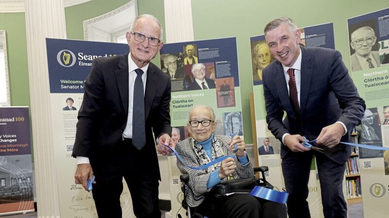 Martin McAleese, Catherine McGuinness and Ian Marshall at the launch of the Seanad 100 exhibition &lsquo;Northern Voices&rsquo; unveiling in Leinster House. Picture by Maxwells 