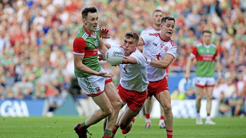 Conn Kilpatrick battles with Mayo's Diarmuid O'Connor in Saturday's All-Ireland Final at Croke Park.<br /> Picture: Seamus Loughran.