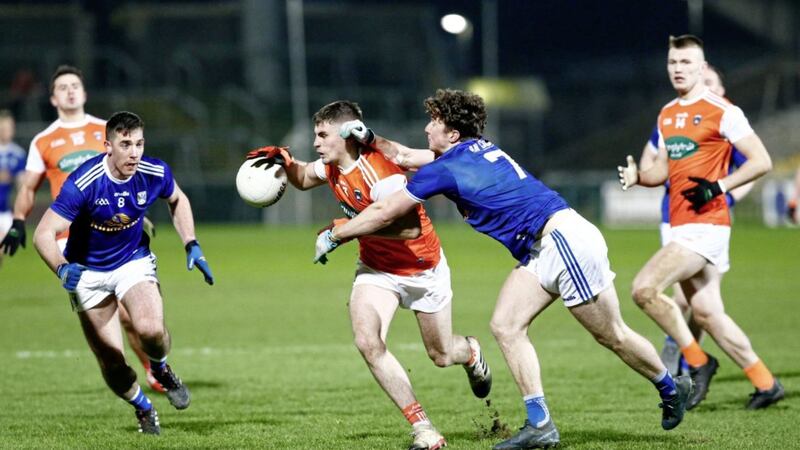 Armagh&#39;s Greg McCabe and Cavan&#39;s Oisin Kiernan in action during the Allianz National Football League Division Two game on Saturday night. Cavan were shorn of some of their best players Picture: Philip Walsh. 