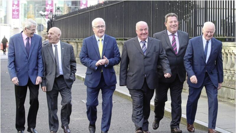 Liam Shannon, Francis McGuigan, Jim Auld  Joe Clarke, Kevin Hannaway, and Brian Turley, who became known as the &#39;Hooded men&#39;, will be in Belfast today for a High Court appeal brought by the Chief Constable. Picture by Hugh Russell. 