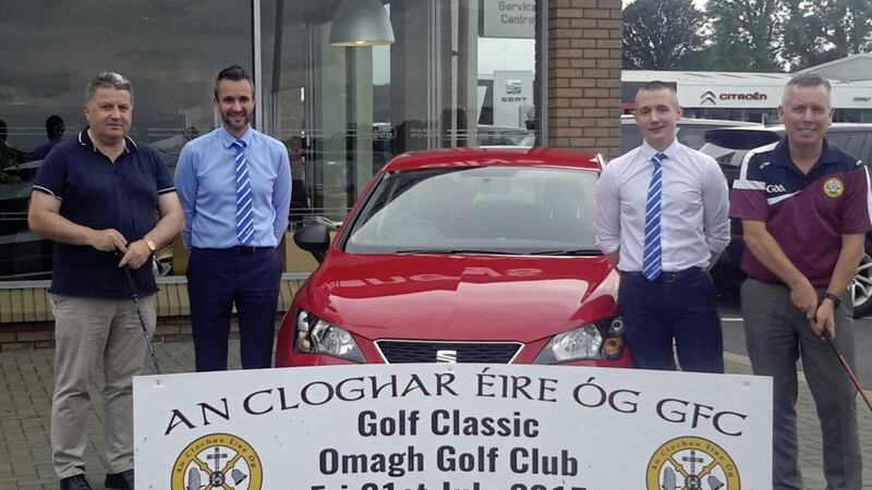Donnelly Brothers hand over a new Seat Ibiza Sol to be won at the 13th hole during next Friday&#39;s Clogher Golf Classic at Omagh Golf Club. Pictured are Clogher &Eacute;ire &Oacute;g&#39;s treasurer Se&aacute;n McCaughey along with Donnelly Brothers&#39; Paul Harvey and Barry McKenna, and Clogher secretary Eugene McConnell. Entry times are still available from either Eugene or Se&aacute;n 
