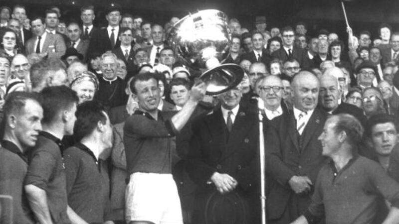 Paddy Doherty lifts Sam Maguire at Croke Park. Makem describes Doherty's free-taking as the most flawless, joyous expression of one of Gaelic football's most intimate skills