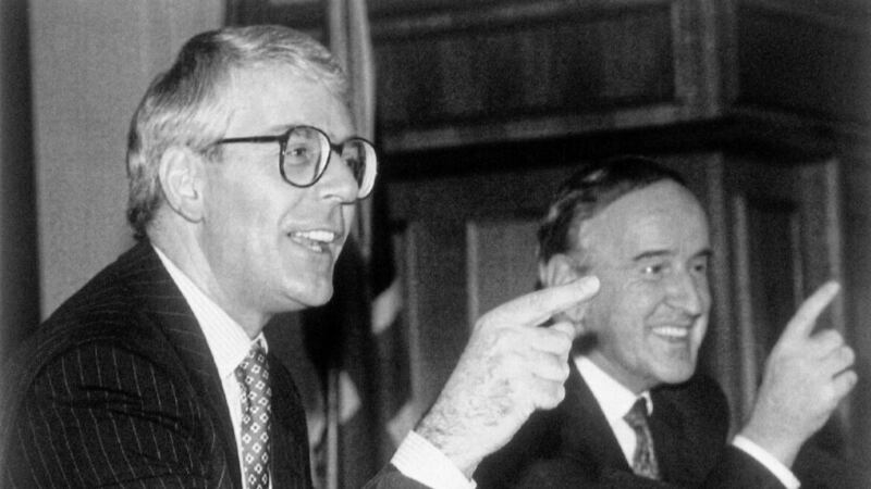 John Major and Taoiseach Albert Reynolds pictured at a press conference in 1993 ahead of the Downing Street Declaration. Picture: AP Photo/Dave Caulkin 