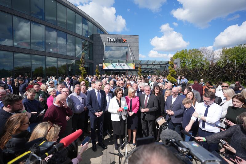 Sinn Fein leader Mary Lou McDonald, Stormont First Minister Michelle O’Neill and Stormont Economy Minister Conor Murphy address the crowd at The Helix
