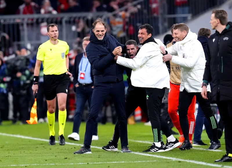 Thomas Tuchel celebrates with assistant coaches Anthony Barry and Zsolt Low