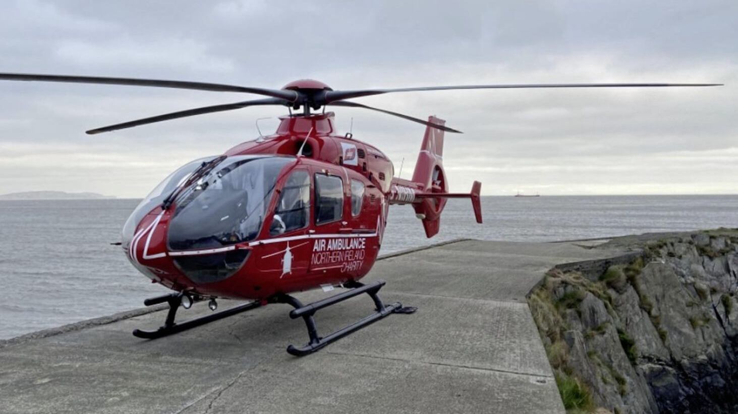 The Air Ambulance pictured at Helen's Bay in Co Down where two swimmers were rescued after getting into difficulty one Christmas Day