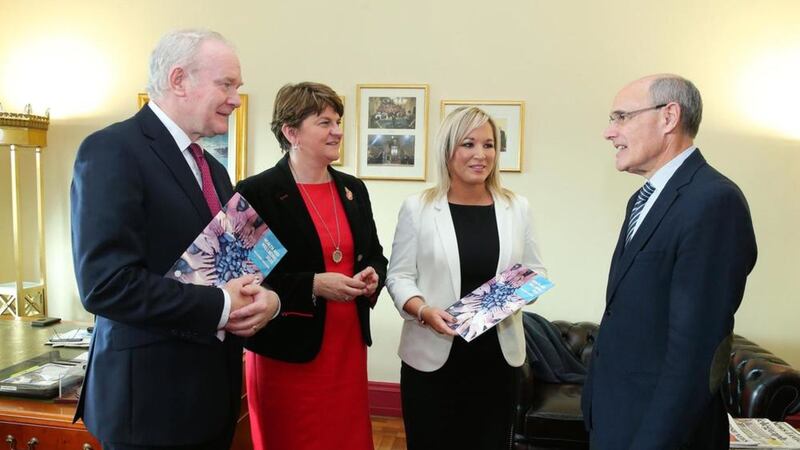 First Minister, Arlene Foster, deputy First Minister, Martin McGuinness, Health Minister, Michelle O&#39;Neill and Professor, Rafael Bengoa pictured following the publication of an expert medical report into the healthcare system in Northern Ireland. Picture by Kelvin Boyes/ Press Eye 