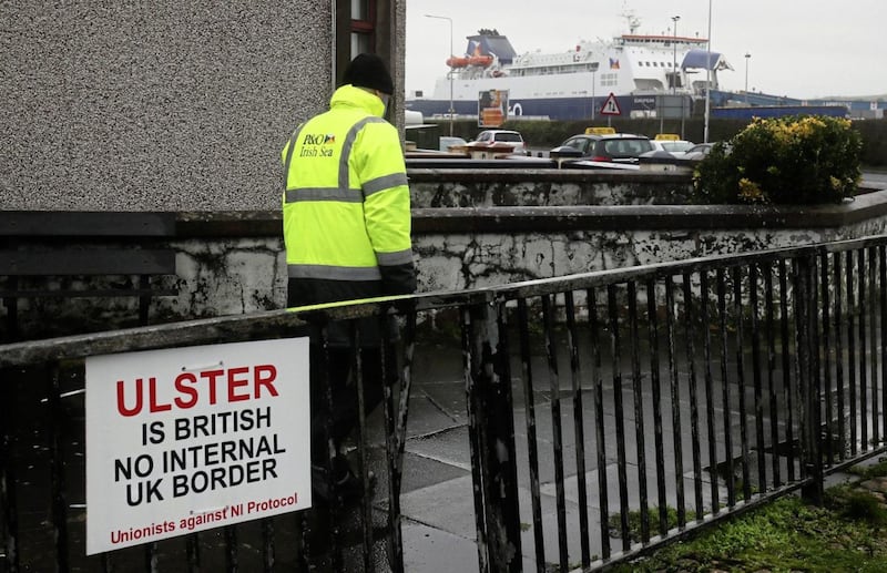 A sign near the entrance to Larne Port. Picture by Brian Lawless/PA Wire 