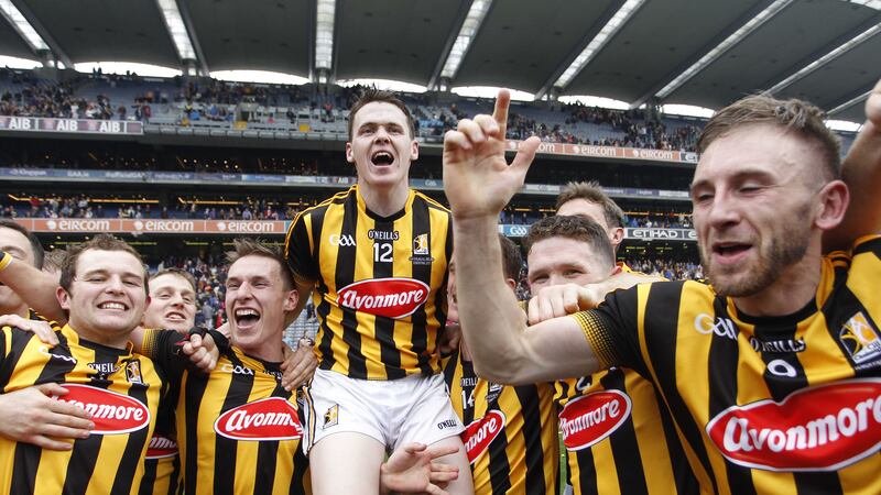 Kilkenny's goal scorer TJ Reid is hoisted onto the shoulders of his team-mates at the end of Sunday's All-Ireland SHC final in Croke Park <br />Picture: Colm O'Reilly