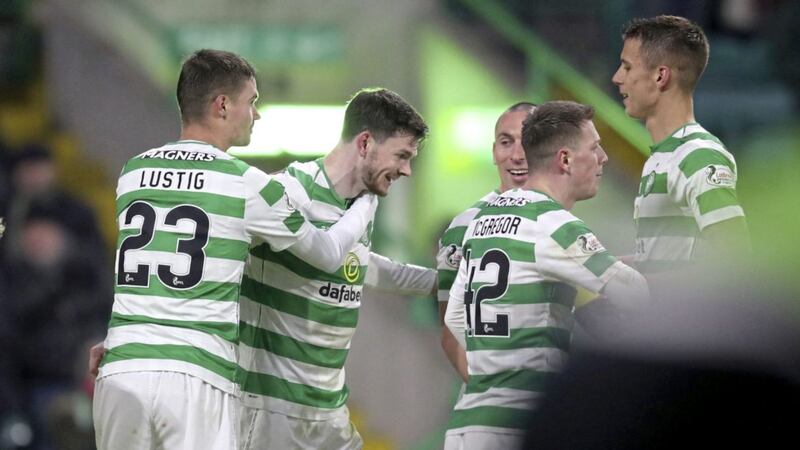 Celtic&#39;s Oliver Burke (second left) celebrates scoring his side&#39;s third goal during the Ladbrokes Scottish Premiership win over St Mirren on Wednesday night 
