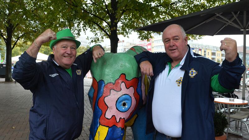 Northern Ireland fans Davy Hamill (left) and Tom Parke in Hannover ahead of Tuesday's World Cup qualifier against Germany <br />Picture by Pacemaker