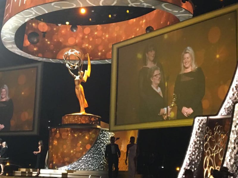 Pamela Smyth, right, picks up her Emmy Award in Los Angeles. Picture by Pamela Smyth&nbsp;