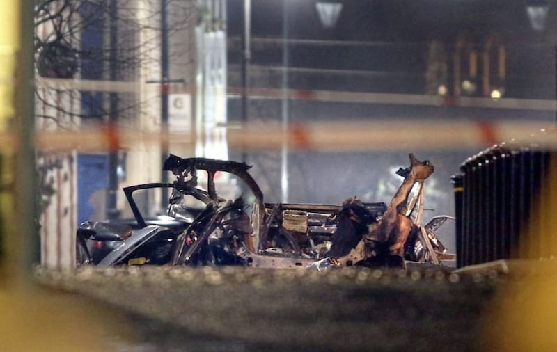 The mangled remains of the vehicle which exploded outside the courthouse. Picture by Margaret McLaughlin.