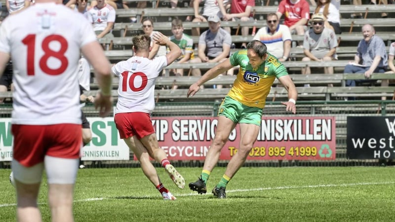 The incident where Donegal captain Michael Murphy kicks out at Kieran McGeary of Tyrone, resulting in Murphy getting sent off. <br />Picture Margaret McLaughlin