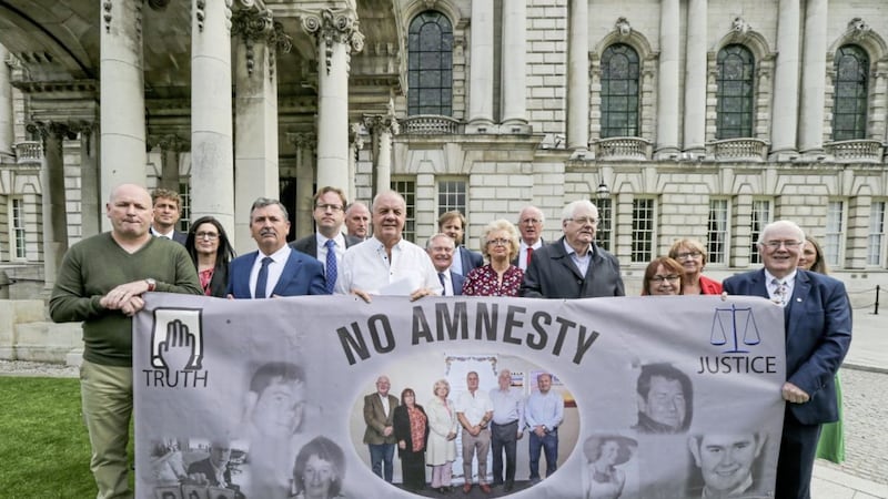 A cross community group of victims&#39; campaigners including Raymond McCord, Julie Hambleton, Michael Gallagher, Billy McManus, Cathy McIlvenny, Eugene Reavey and John Teggart pictured at Belfast City Hall. File picture by Hugh Russell 
