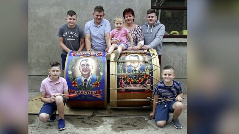 The Sterritt family from Markethill and their Lambeg drums. Picture courtesy of Ulster Gazette 