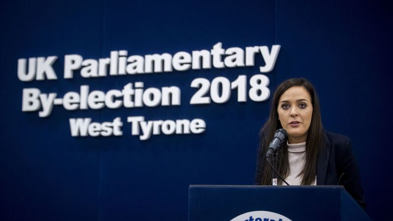 Newly elected Sinn F&eacute;in MP &Oacute;rfhlaith Begley delivering her victory speech at the Omagh Leisure Complex&nbsp;