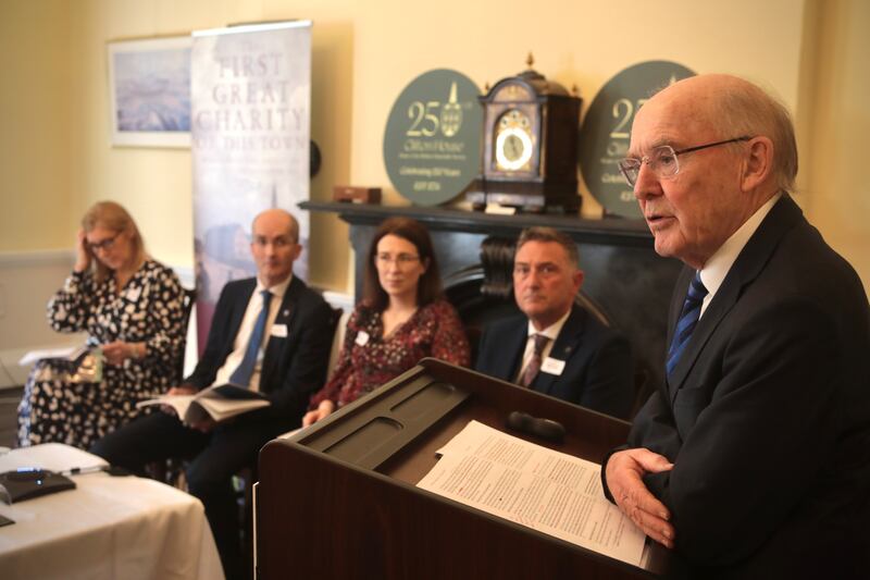 Panel Members, from left, Ashleigh Galway, principal of Currie Primary; Professor Noel Purdy, Stranmillis University, Dr Ciara Fitzpatrick, Ulster University and Martin Moreland, Principal of Mercy College. At the podium, Sir Ronnie Weatherup, President of Belfast Charitable Society