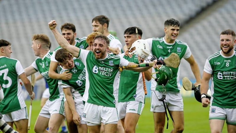 Fermanagh celebrate at the end of the Lory Meagher Cup Final between Fermanagh and Cavan at Croke Park Dublin 07-31-2021. Pic Philip Walsh. 