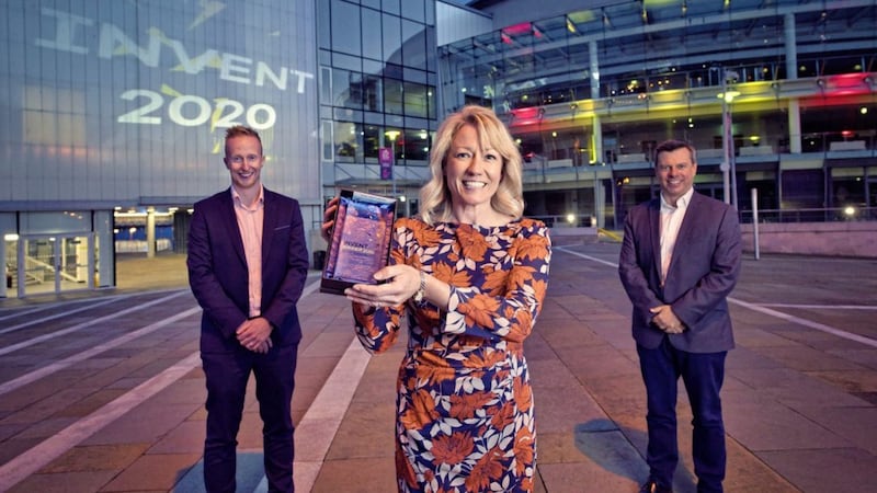 Niall Devlin (left) from Bank of Ireland and Steve Orr from Catalyst with Invent 2020 winner Bridgeen Callan from KLAS-PDT Technology. Picture: Brian Morrison 