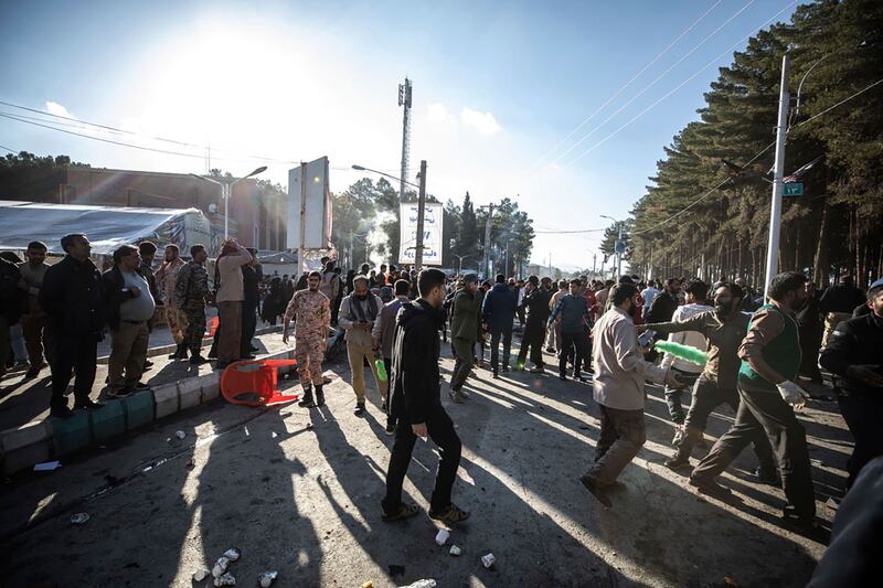 Crowds after an explosion in Kerman (Mahdi Karbakhsh Ravari/Mehr News Agency via AP)