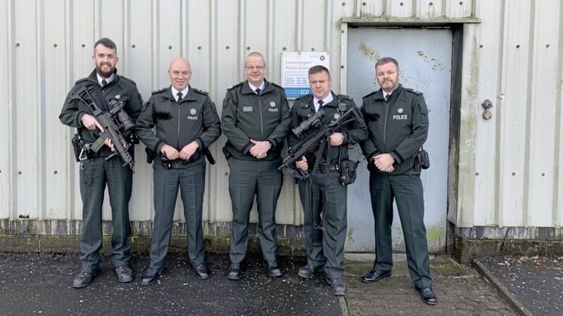 Chief constable Simon Byrne posed with armed PSNI officers in Crossmaglen 