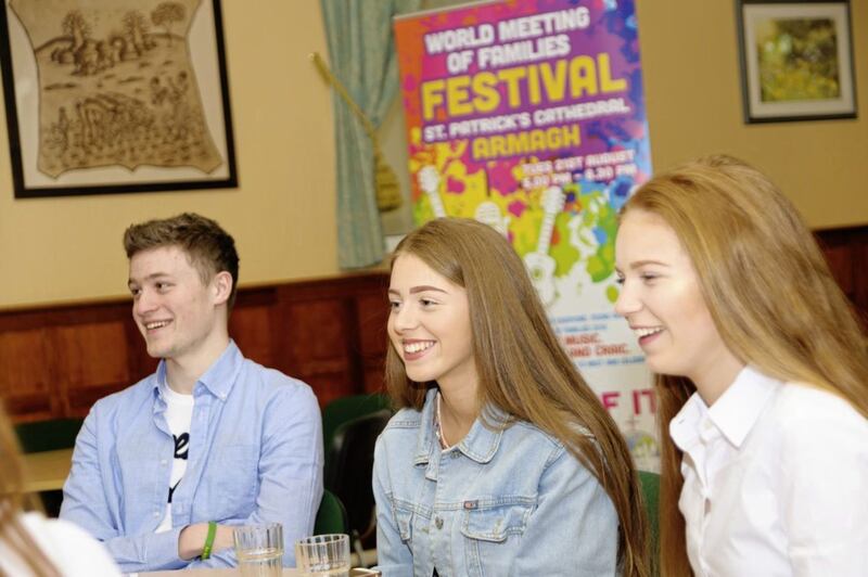 Cormac, Niamh and Aoife Hughes at the launch of Armagh&#39;s World Meeting of Families Festival. Picture by www.LiamMcArdle.com 