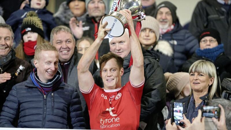 Tyrone&#39;s Kieran McGeary lifts the BOI Dr McKenna Cup after a dramatic final between Tyrone and Monaghan at The Athletic Grounds in Armagh on January 19 2020. Picture by Philip Walsh. 
